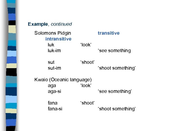 Example, continued Solomons Pidgin intransitive luk-im sut-im transitive ‘look’ ‘see something ‘shoot’ ‘shoot something’