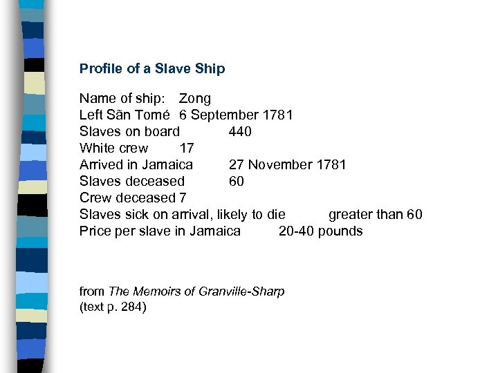 Profile of a Slave Ship Name of ship: Zong Left Sãn Tomé 6 September