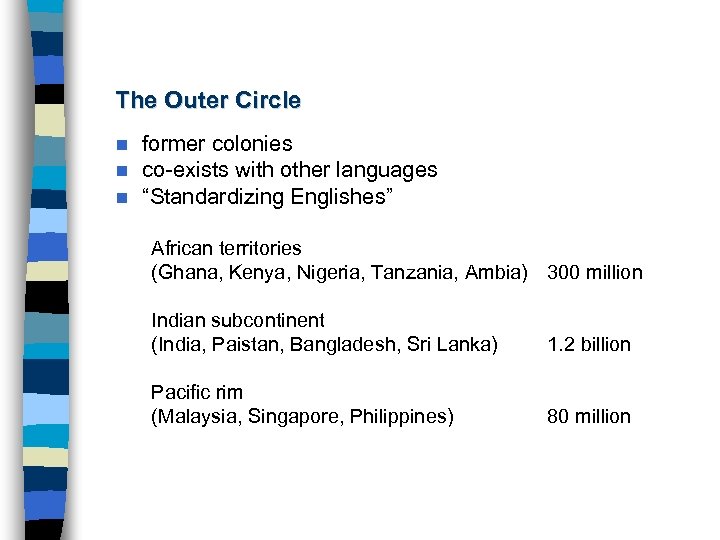 The Outer Circle n n n former colonies co-exists with other languages “Standardizing Englishes”
