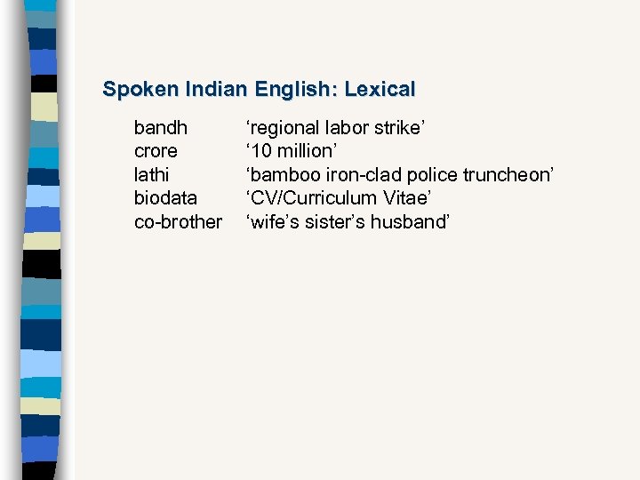 Spoken Indian English: Lexical bandh crore lathi biodata co-brother ‘regional labor strike’ ‘ 10