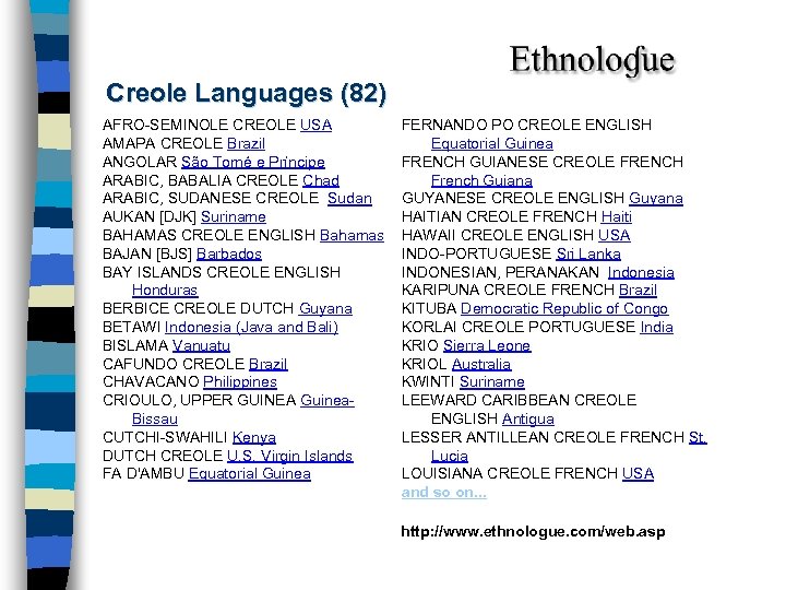 Creole Languages (82) AFRO-SEMINOLE CREOLE USA AMAPA CREOLE Brazil ANGOLAR São Tomé e Príncipe
