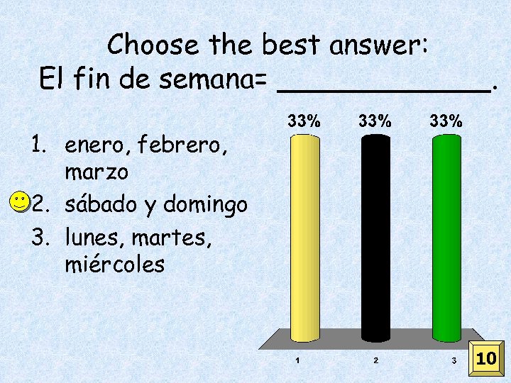 Choose the best answer: El fin de semana= ______. 1. enero, febrero, marzo 2.