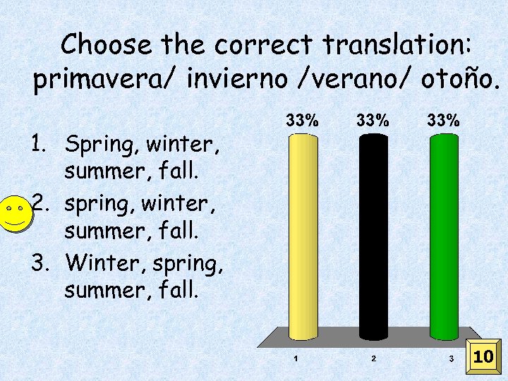 Choose the correct translation: primavera/ invierno /verano/ otoño. 1. Spring, winter, summer, fall. 2.