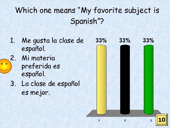 Which one means “My favorite subject is Spanish”? 1. Me gusta la clase de