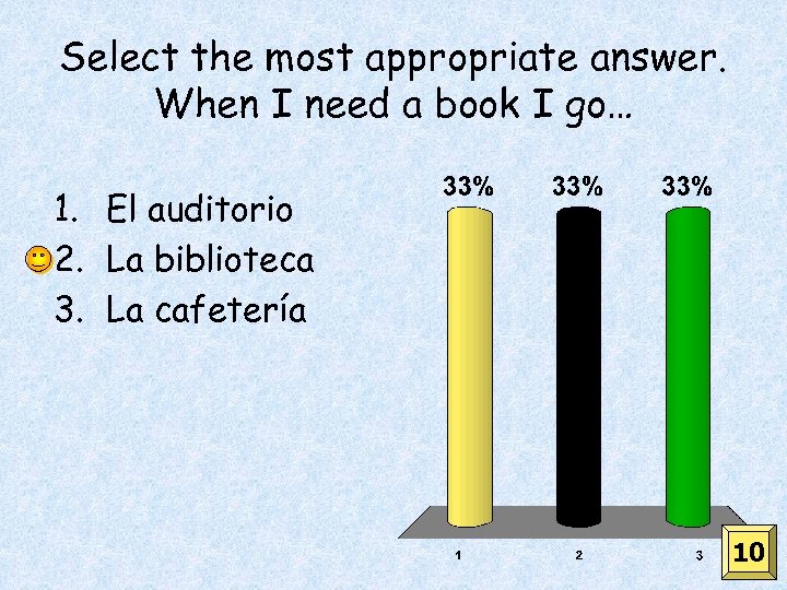 Select the most appropriate answer. When I need a book I go… 1. El