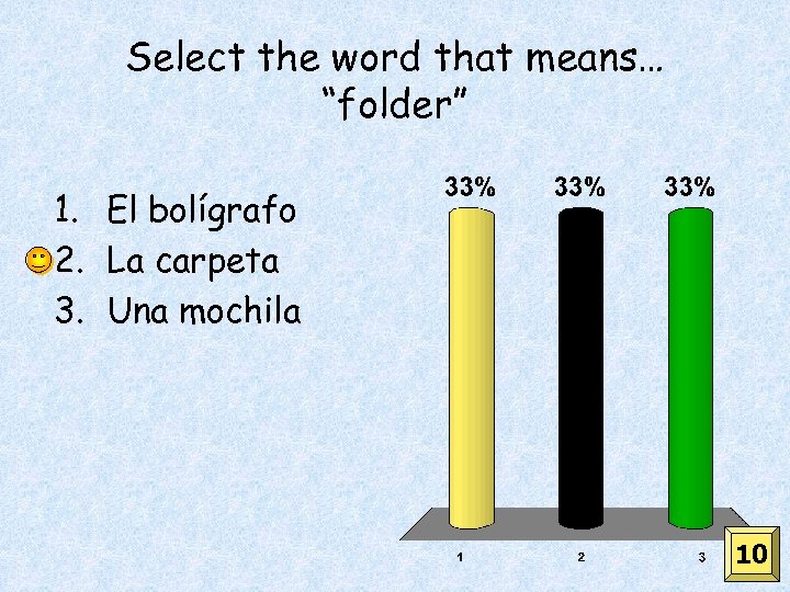 Select the word that means… “folder” 1. El bolígrafo 2. La carpeta 3. Una