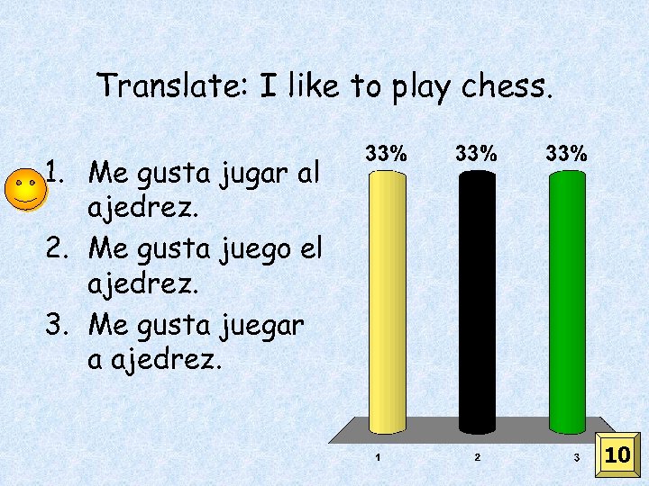 Translate: I like to play chess. 1. Me gusta jugar al ajedrez. 2. Me