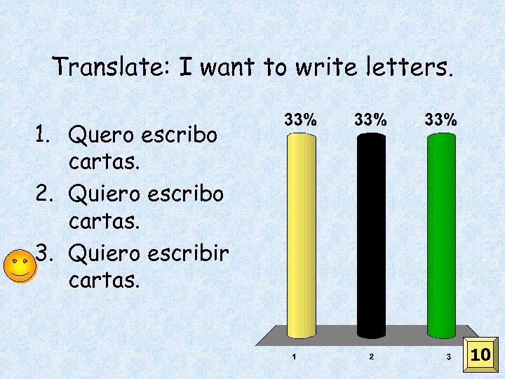 Translate: I want to write letters. 1. Quero escribo cartas. 2. Quiero escribo cartas.