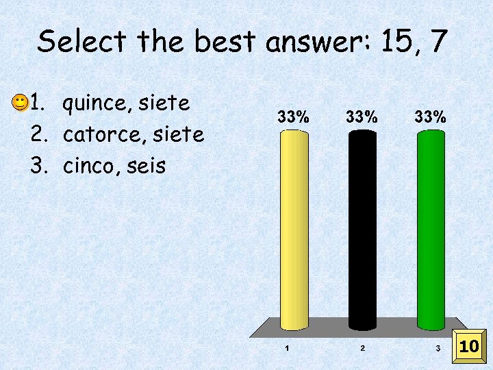 Select the best answer: 15, 7 1. quince, siete 2. catorce, siete 3. cinco,