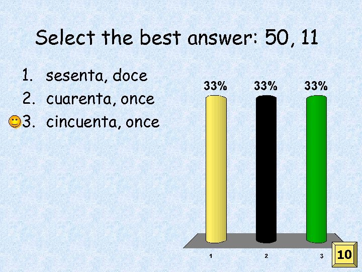 Select the best answer: 50, 11 1. sesenta, doce 2. cuarenta, once 3. cincuenta,