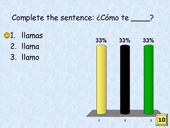 Complete the sentence: ¿Cómo te ____? 1. llamas 2. llama 3. llamo 10 