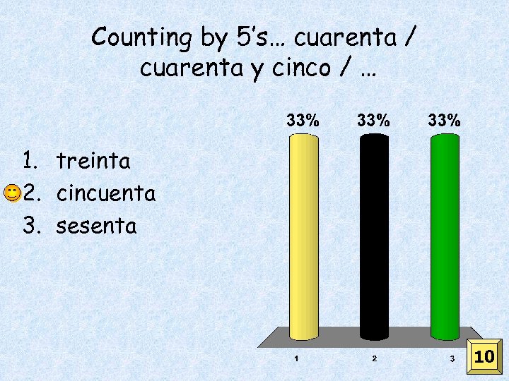 Counting by 5’s… cuarenta / cuarenta y cinco / … 1. treinta 2. cincuenta