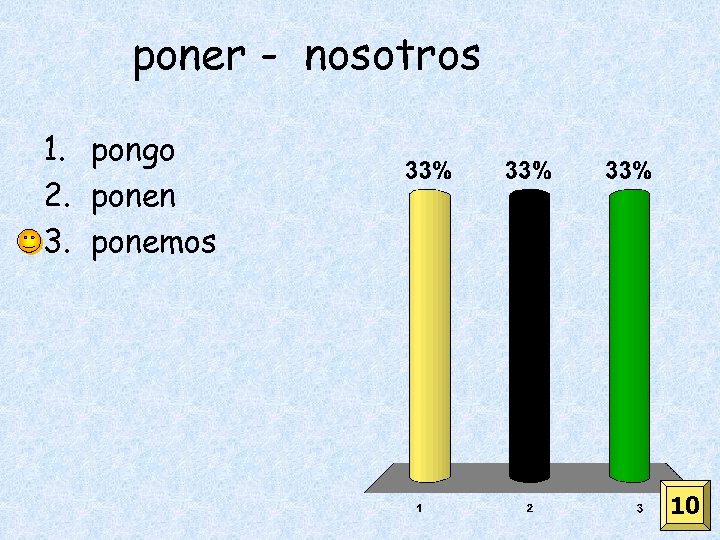 poner - nosotros 1. pongo 2. ponen 3. ponemos 10 