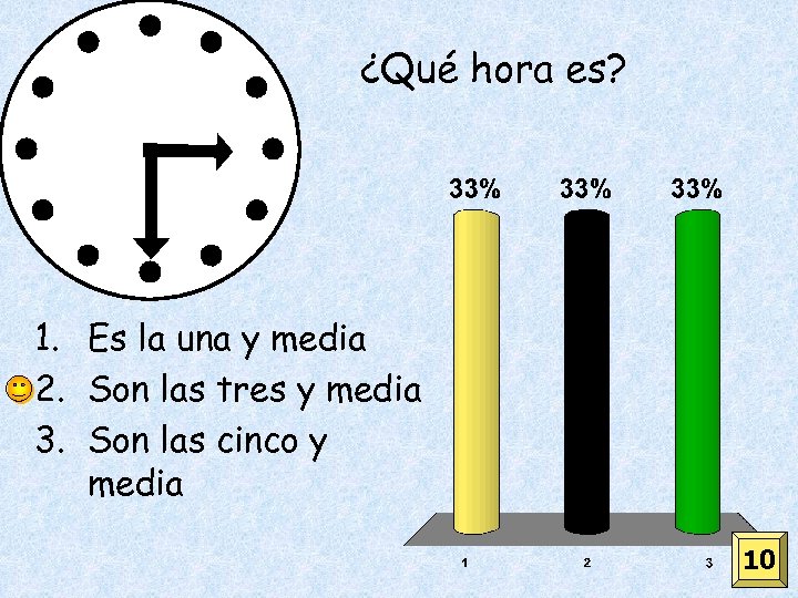 ¿Qué hora es? 1. Es la una y media 2. Son las tres y