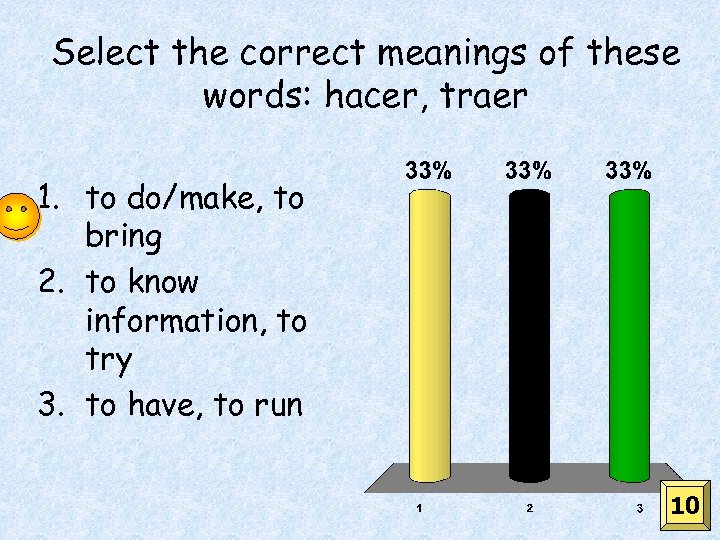 Select the correct meanings of these words: hacer, traer 1. to do/make, to bring