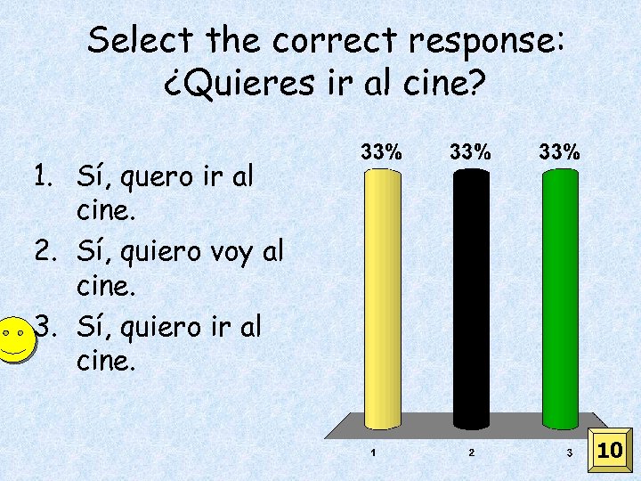 Select the correct response: ¿Quieres ir al cine? 1. Sí, quero ir al cine.