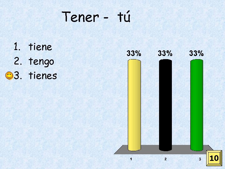 Tener - tú 1. tiene 2. tengo 3. tienes 10 