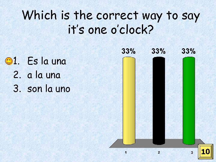 Which is the correct way to say it’s one o’clock? 1. Es la una