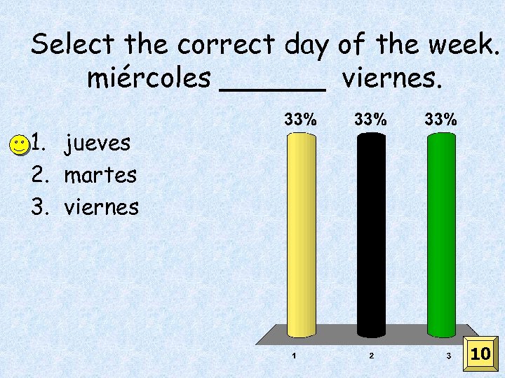 Select the correct day of the week. miércoles ______ viernes. 1. jueves 2. martes