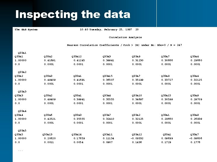 Inspecting the data The SAS System 10: 40 Tuesday, February 25, 1997 20 Correlation