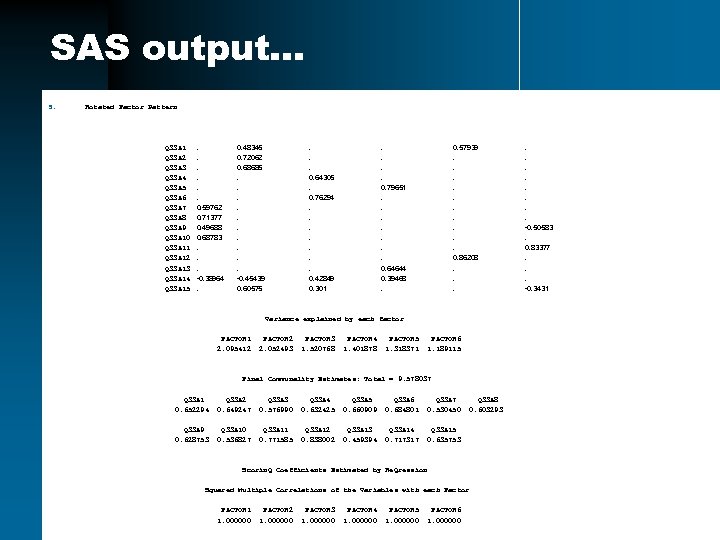 SAS output… 5. Rotated Factor Pattern Q 33 A 1 Q 33 A 2