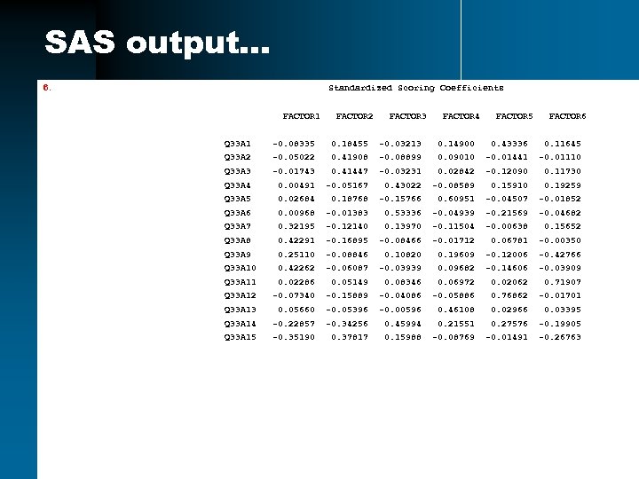 SAS output… 6. Standardized Scoring Coefficients FACTOR 1 FACTOR 2 FACTOR 3 FACTOR 4