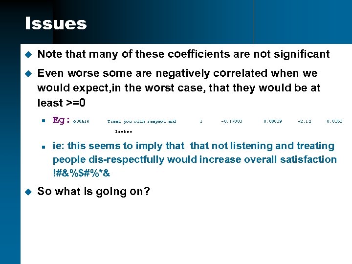 Issues u Note that many of these coefficients are not significant u Even worse