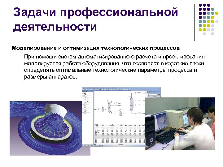 Задачи профессиональной деятельности Моделирование и оптимизация технологических процессов При помощи систем автоматизированного расчета и