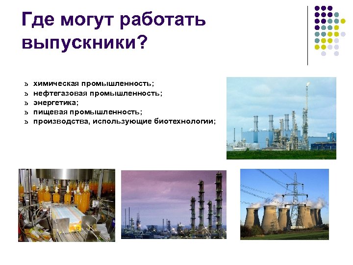 Где могут работать выпускники? ь ь ь химическая промышленность; нефтегазовая промышленность; энергетика; пищевая промышленность;