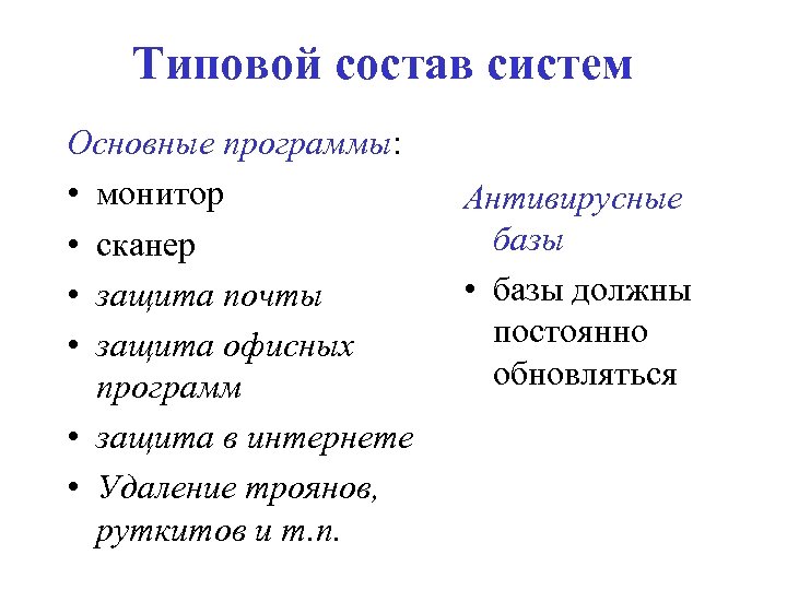 Типовой состав систем Основные программы: • монитор • сканер • защита почты • защита