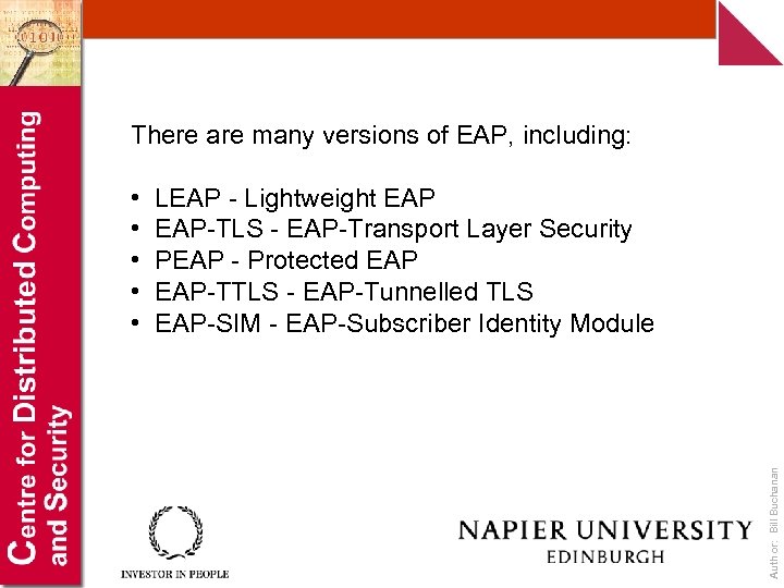 There are many versions of EAP, including: LEAP - Lightweight EAP-TLS - EAP-Transport Layer