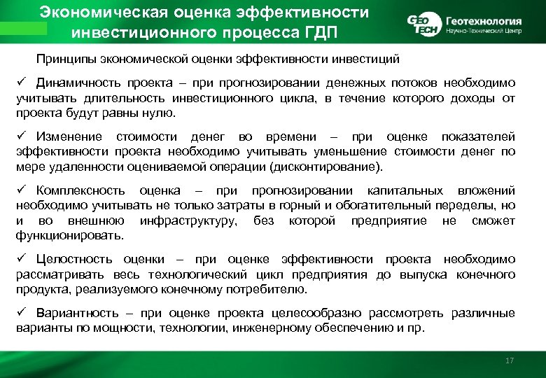 Экономическая оценка эффективности инвестиционного процесса ГДП Принципы экономической оценки эффективности инвестиций ü Динамичность проекта