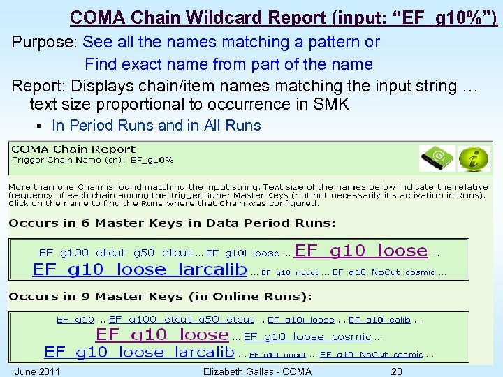 COMA Chain Wildcard Report (input: “EF_g 10%”) Purpose: See all the names matching a