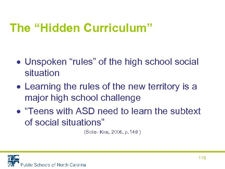 The “Hidden Curriculum” Unspoken “rules” of the high school social situation Learning the rules