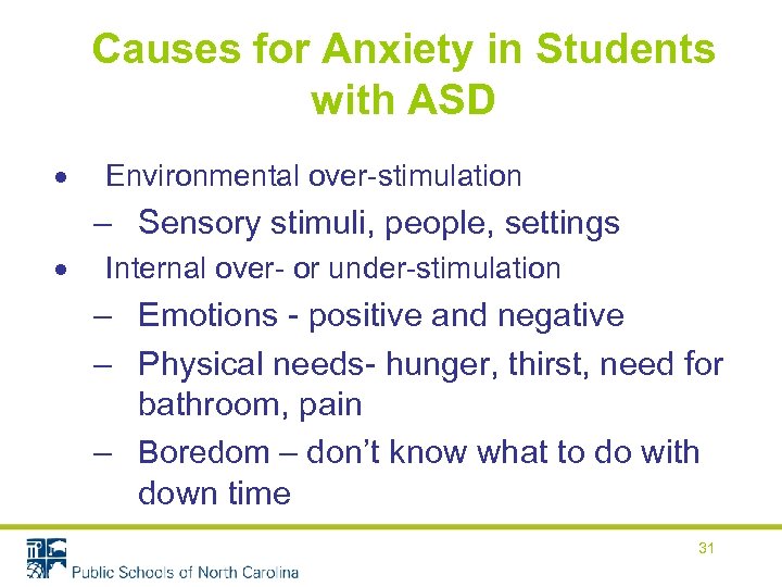 Causes for Anxiety in Students with ASD Environmental over-stimulation – Sensory stimuli, people, settings