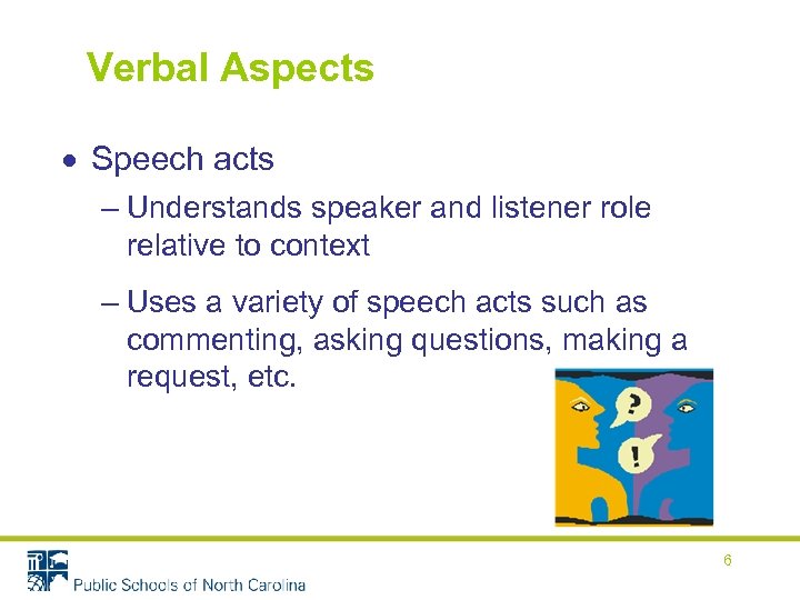 Verbal Aspects Speech acts – Understands speaker and listener role relative to context –