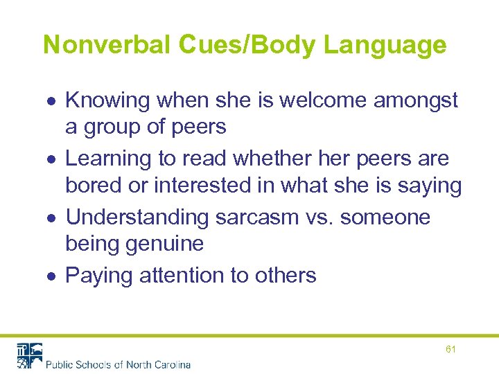 Nonverbal Cues/Body Language Knowing when she is welcome amongst a group of peers Learning