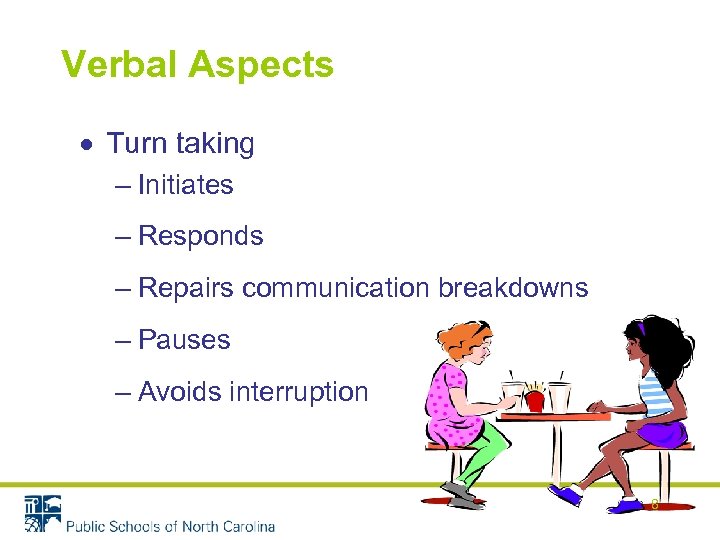 Verbal Aspects Turn taking – Initiates – Responds – Repairs communication breakdowns – Pauses