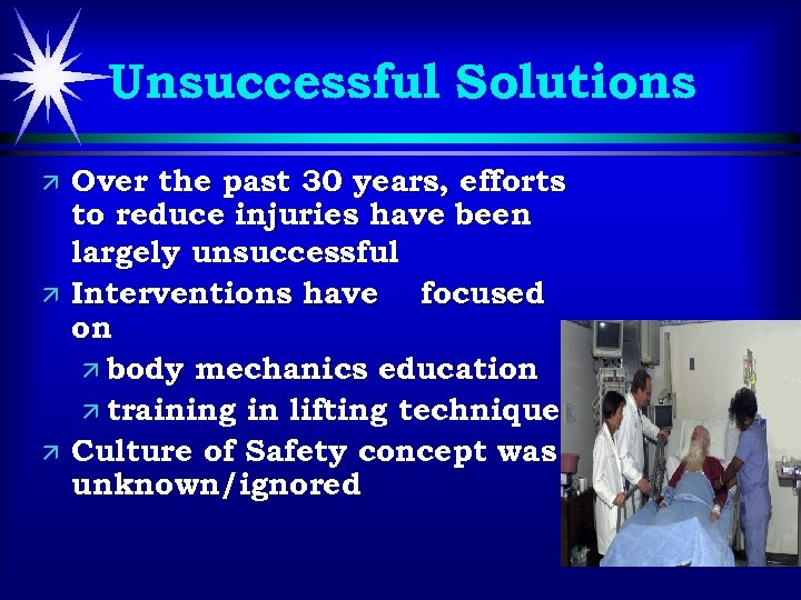 Unsuccessful Solutions ä ä ä Over the past 30 years, efforts to reduce injuries