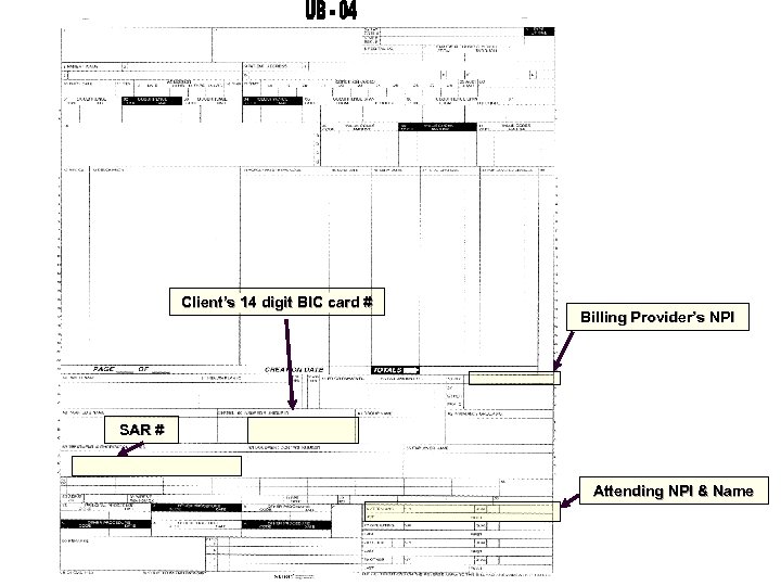 Client’s 14 digit BIC card # Billing Provider’s NPI SAR # Attending NPI &