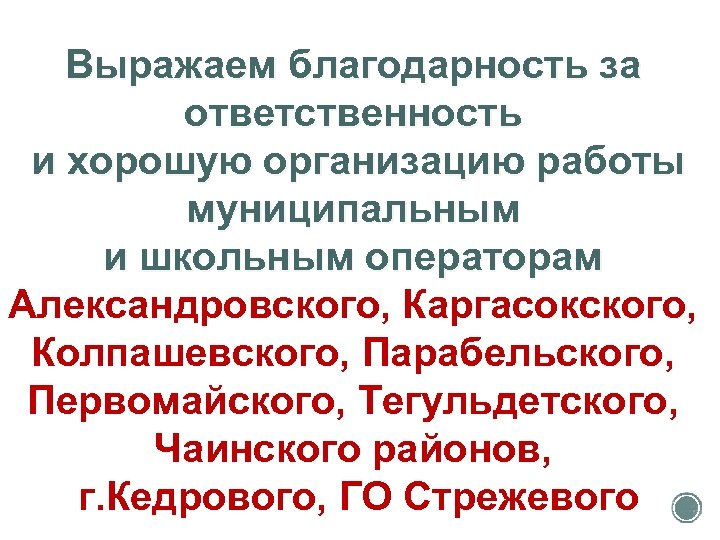 Выражаем благодарность за ответственность и хорошую организацию работы муниципальным и школьным операторам Александровского, Каргасокского,