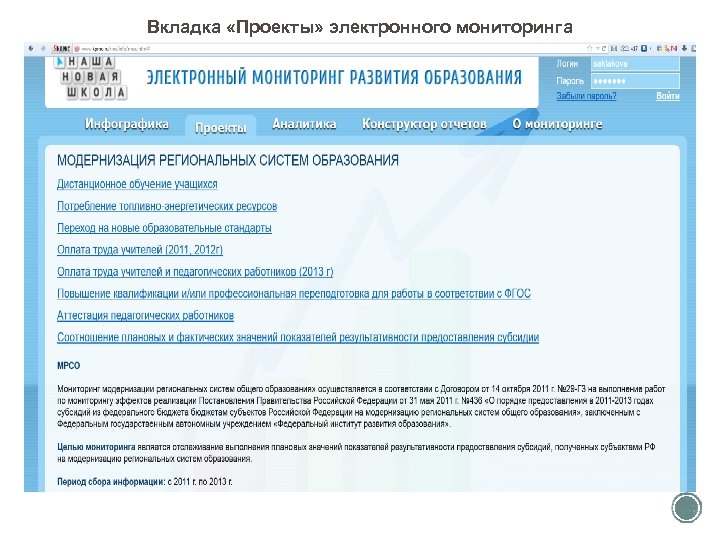 Вкладка «Проекты» электронного мониторинга 