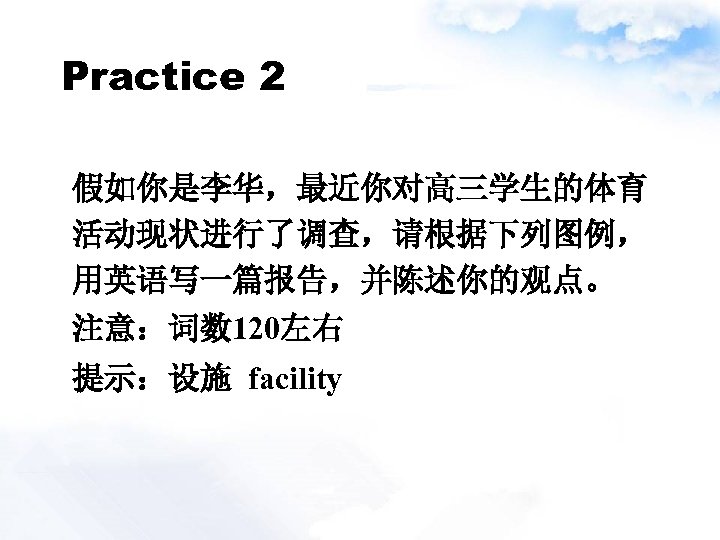 Practice 2 假如你是李华，最近你对高三学生的体育 活动现状进行了调查，请根据下列图例， 用英语写一篇报告，并陈述你的观点。 注意：词数 120左右 提示：设施 facility 