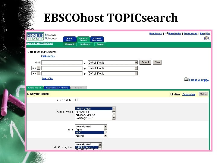 EBSCOhost TOPICsearch • Current events database covering social, political, and economic issues, scientific discoveries,