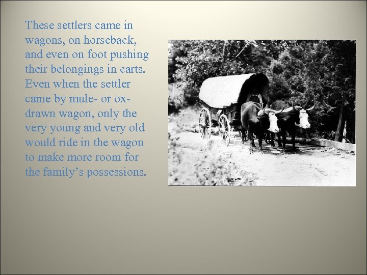 These settlers came in wagons, on horseback, and even on foot pushing their belongings