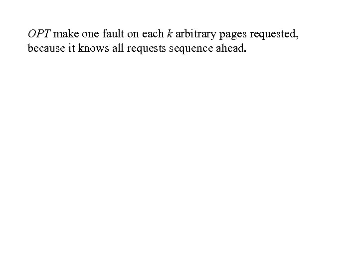 OPT make one fault on each k arbitrary pages requested, because it knows all