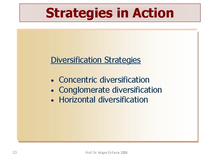 Strategies in Action Diversification Strategies • • • 23 Concentric diversification Conglomerate diversification Horizontal
