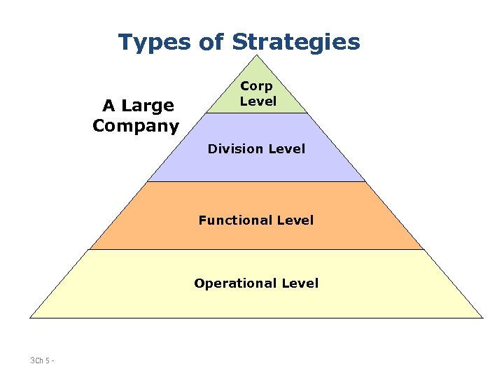 Types of Strategies A Large Company Corp Level Division Level Functional Level Operational Level