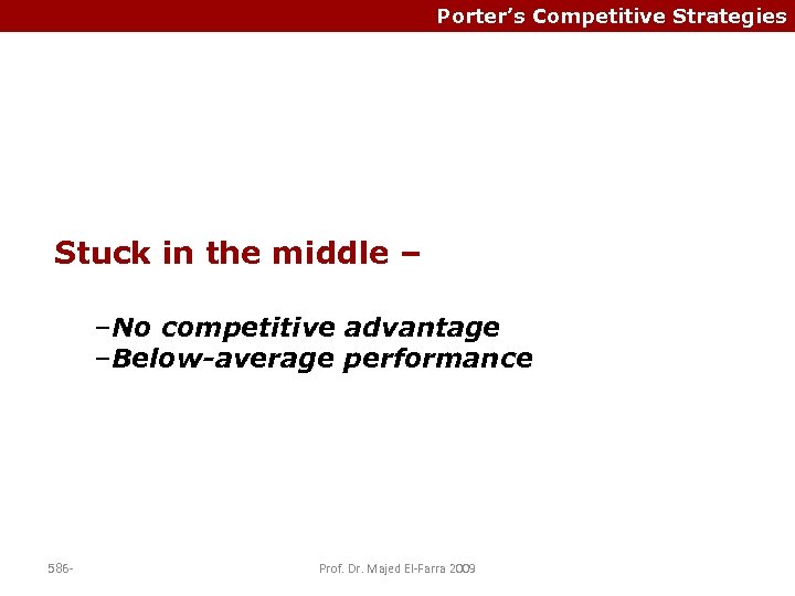 Porter’s Competitive Strategies Stuck in the middle – –No competitive advantage –Below-average performance 586