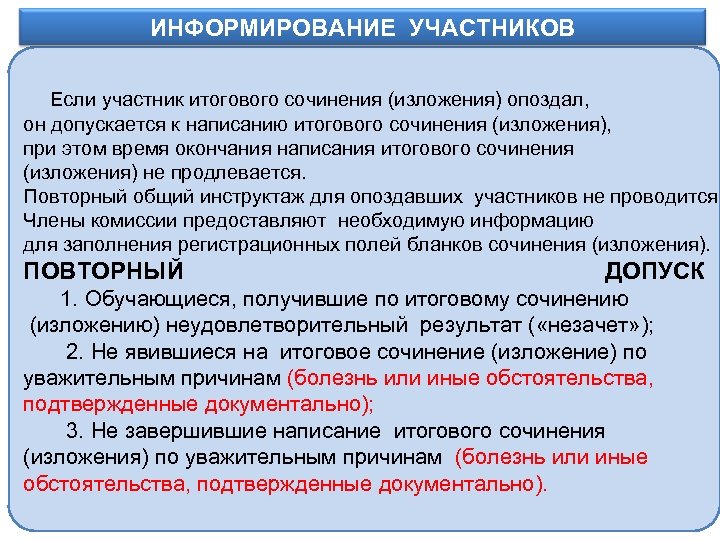ИНФОРМИРОВАНИЕ УЧАСТНИКОВ Информационное обеспечение Если участник итогового сочинения (изложения) опоздал, он допускается к написанию